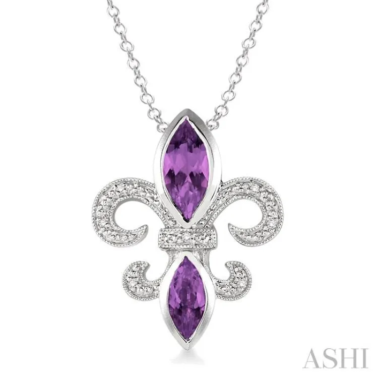 10x5 & 8x4 mm marquise cut Amethyst and 1/50 Ctw Single Cut Diamond Pendant in Sterling Silver with Chain
