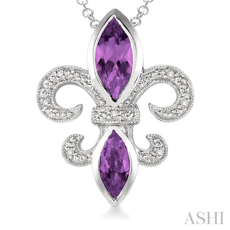 10x5 & 8x4 mm marquise cut Amethyst and 1/50 Ctw Single Cut Diamond Pendant in Sterling Silver with Chain