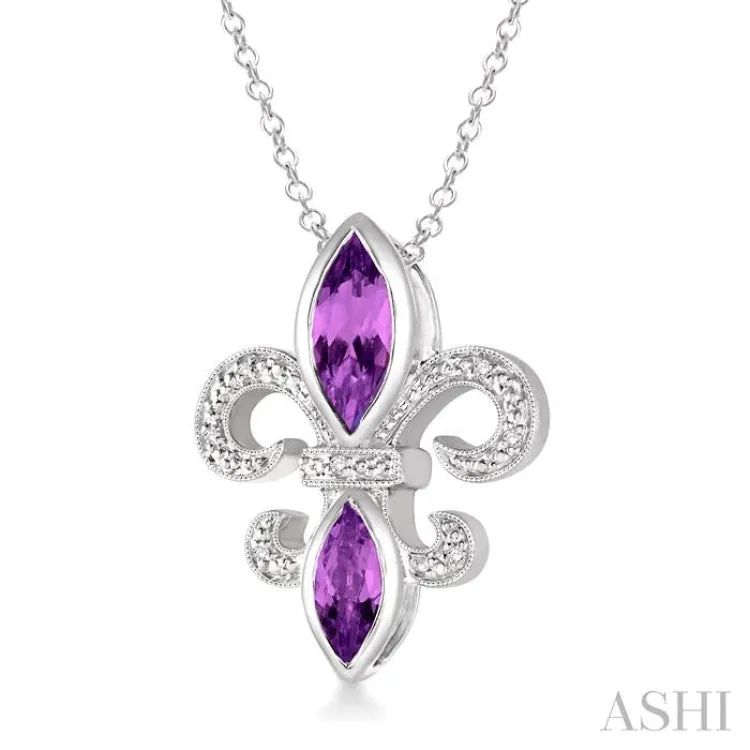 10x5 & 8x4 mm marquise cut Amethyst and 1/50 Ctw Single Cut Diamond Pendant in Sterling Silver with Chain