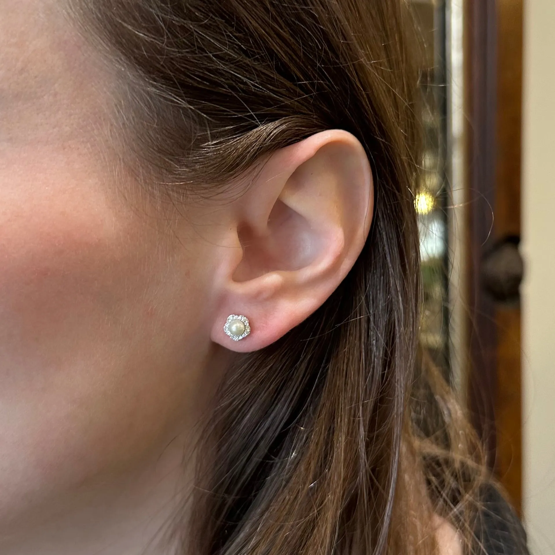 14K White Gold Pearl and Diamond Stud Earrings