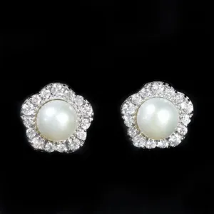 14K White Gold Pearl and Diamond Stud Earrings