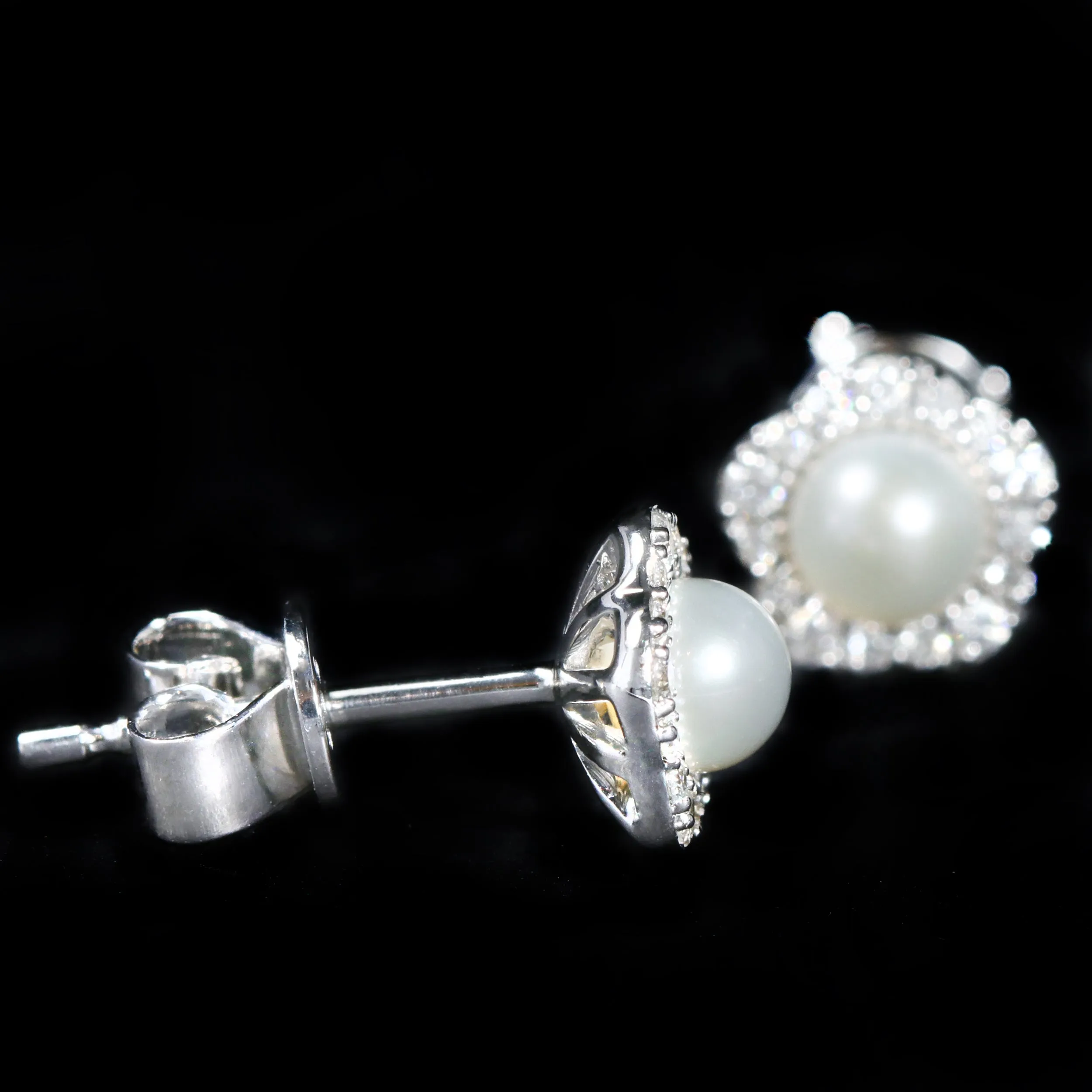14K White Gold Pearl and Diamond Stud Earrings