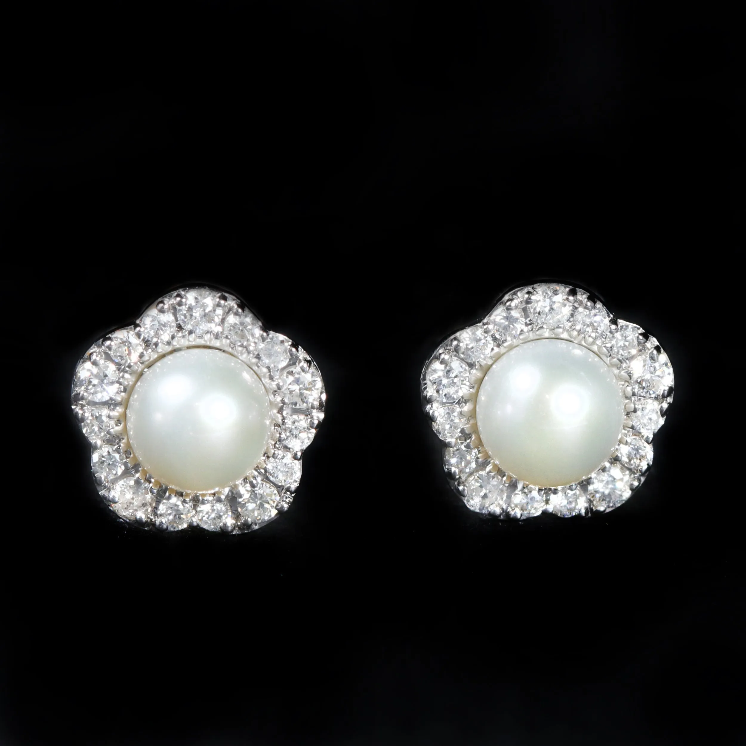 14K White Gold Pearl and Diamond Stud Earrings