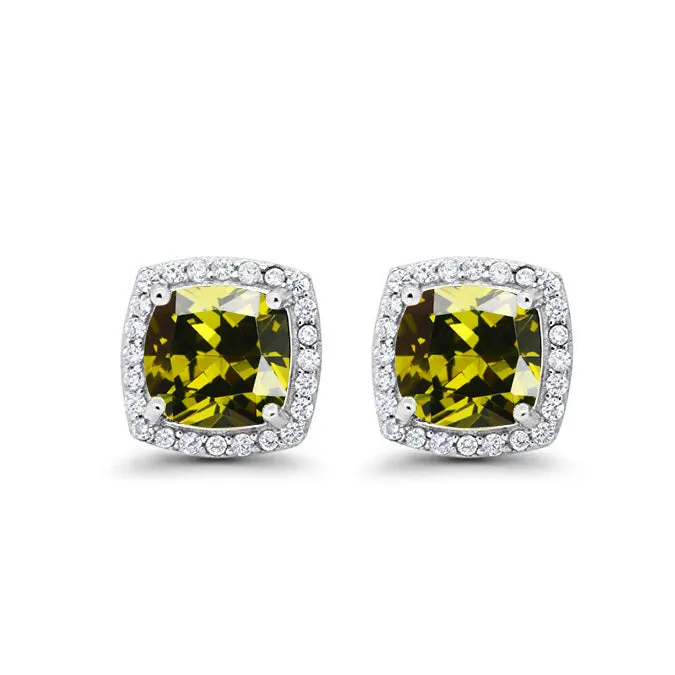 14k White Gold Plated 4 Ct Created Halo Princess Cut Peridot Stud Earrings