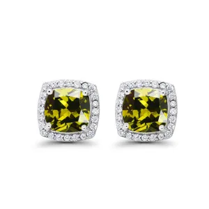14k White Gold Plated 4 Ct Created Halo Princess Cut Peridot Stud Earrings