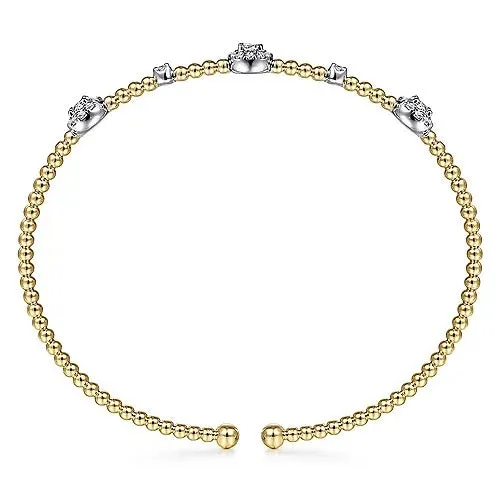 14K White-Yellow Gold Bujukan Bead Cuff Bracelet with Diamond Cluster Stations