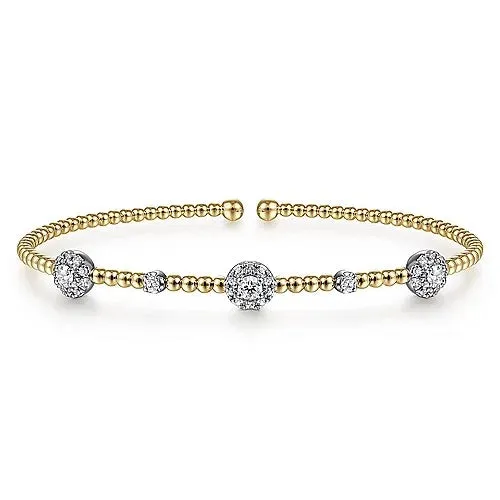 14K White-Yellow Gold Bujukan Bead Cuff Bracelet with Diamond Cluster Stations