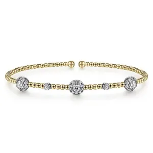 14K White-Yellow Gold Bujukan Bead Cuff Bracelet with Diamond Cluster Stations