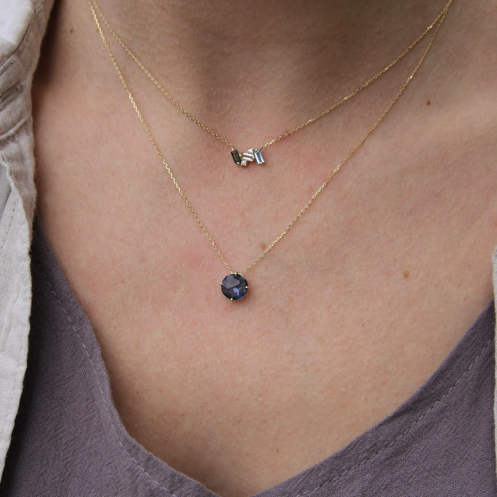 14k Yellow Gold Blue & Green Mini Bar Necklace