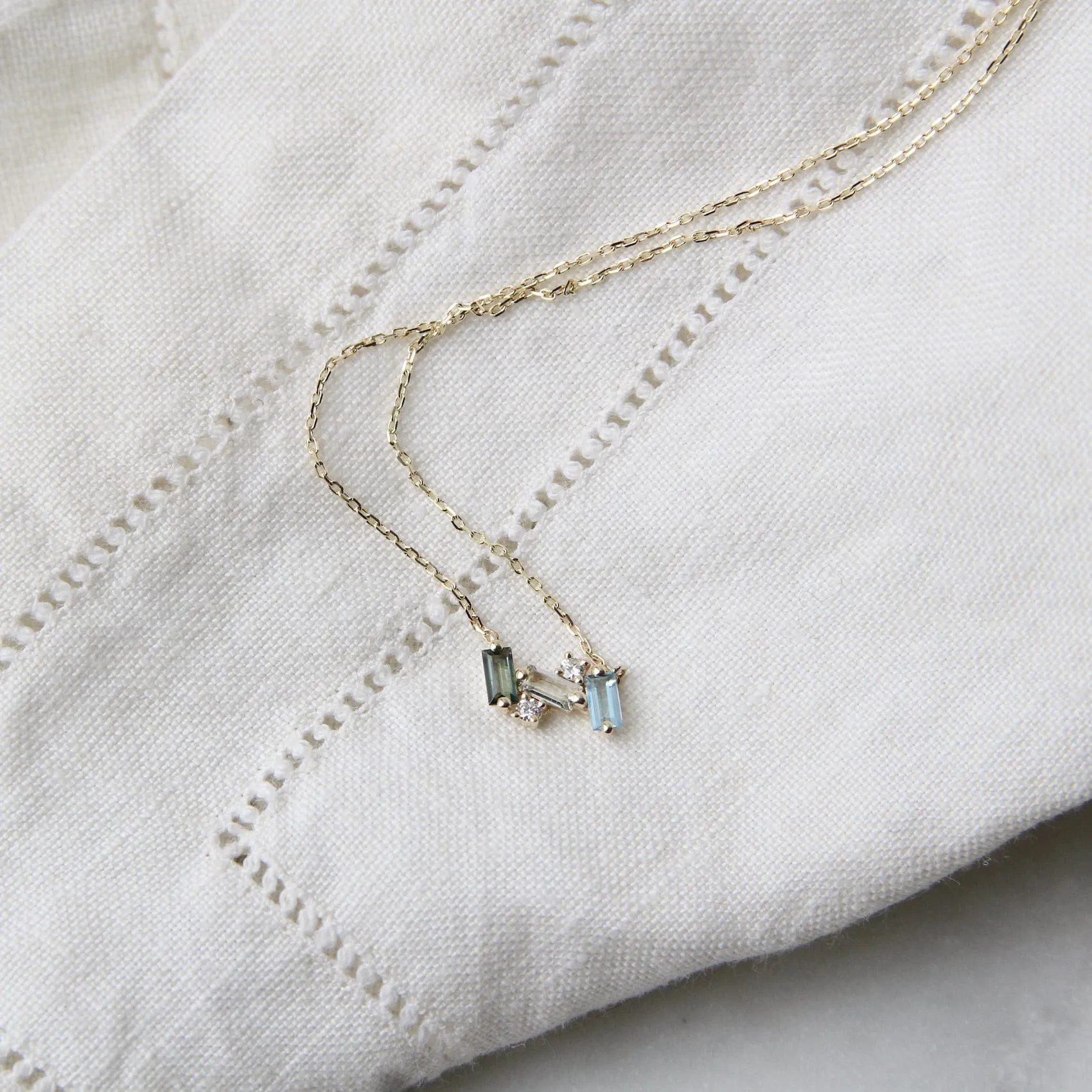 14k Yellow Gold Blue & Green Mini Bar Necklace