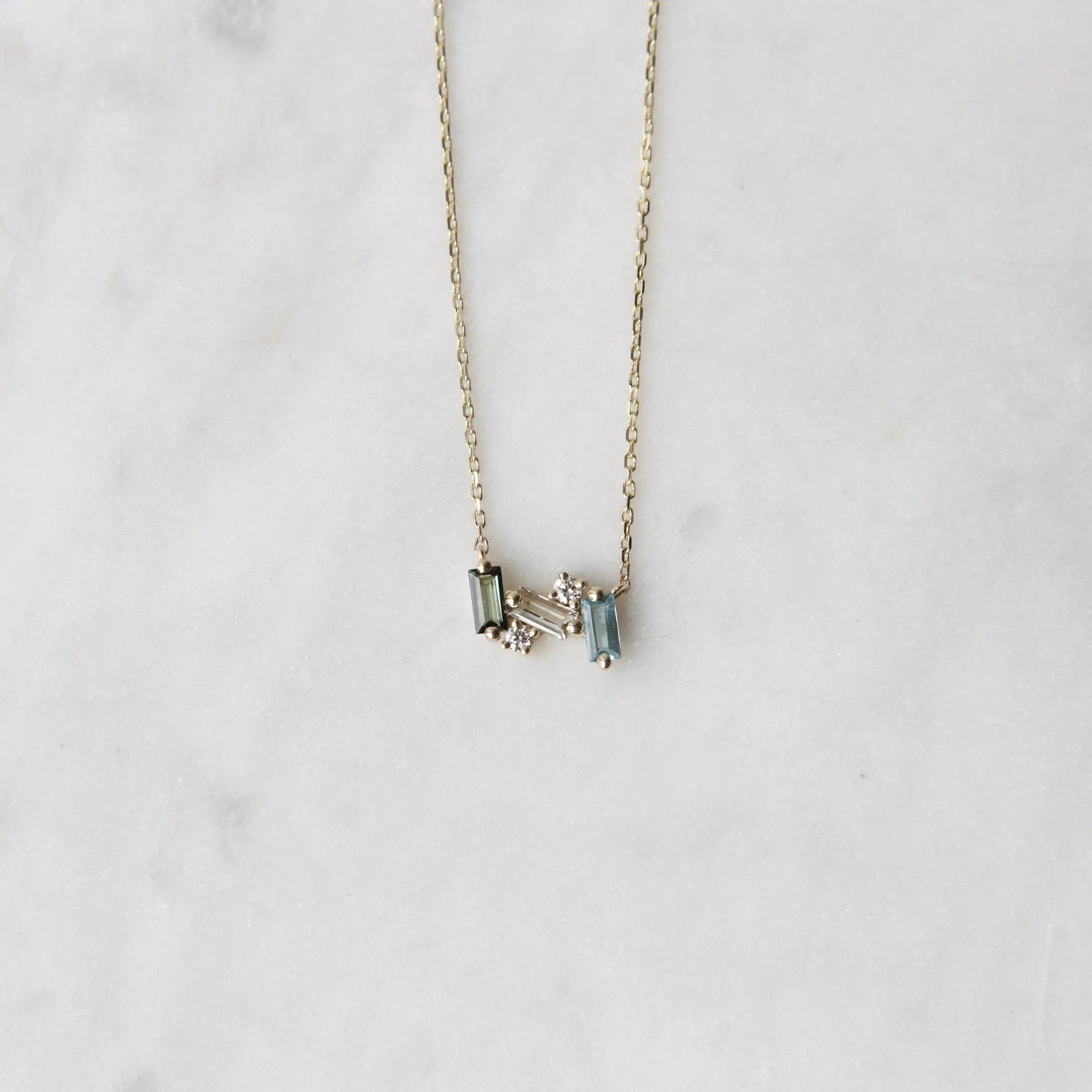 14k Yellow Gold Blue & Green Mini Bar Necklace