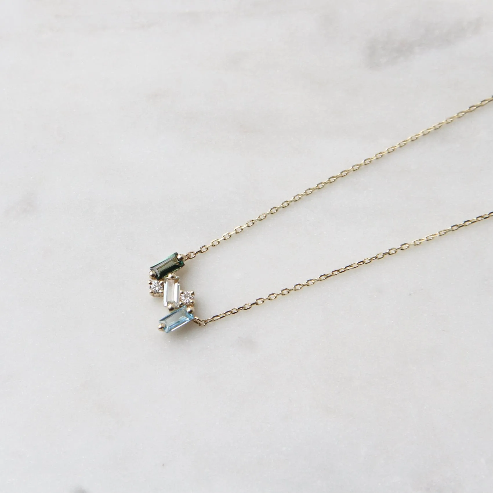 14k Yellow Gold Blue & Green Mini Bar Necklace