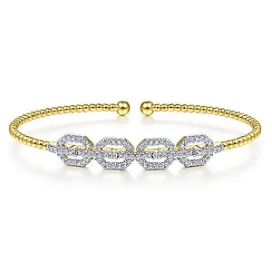 14K Yellow Gold Bujukan Bead Cuff Bracelet with Diamond Pave Links