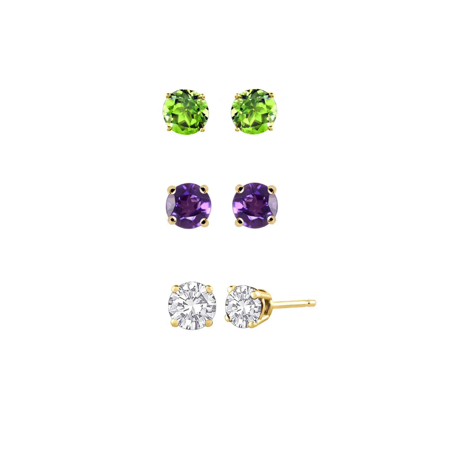 14k Yellow Gold Plated 2Ct Created Peridot, Amethyst and White Sapphire 3 Pair Round Stud Earrings