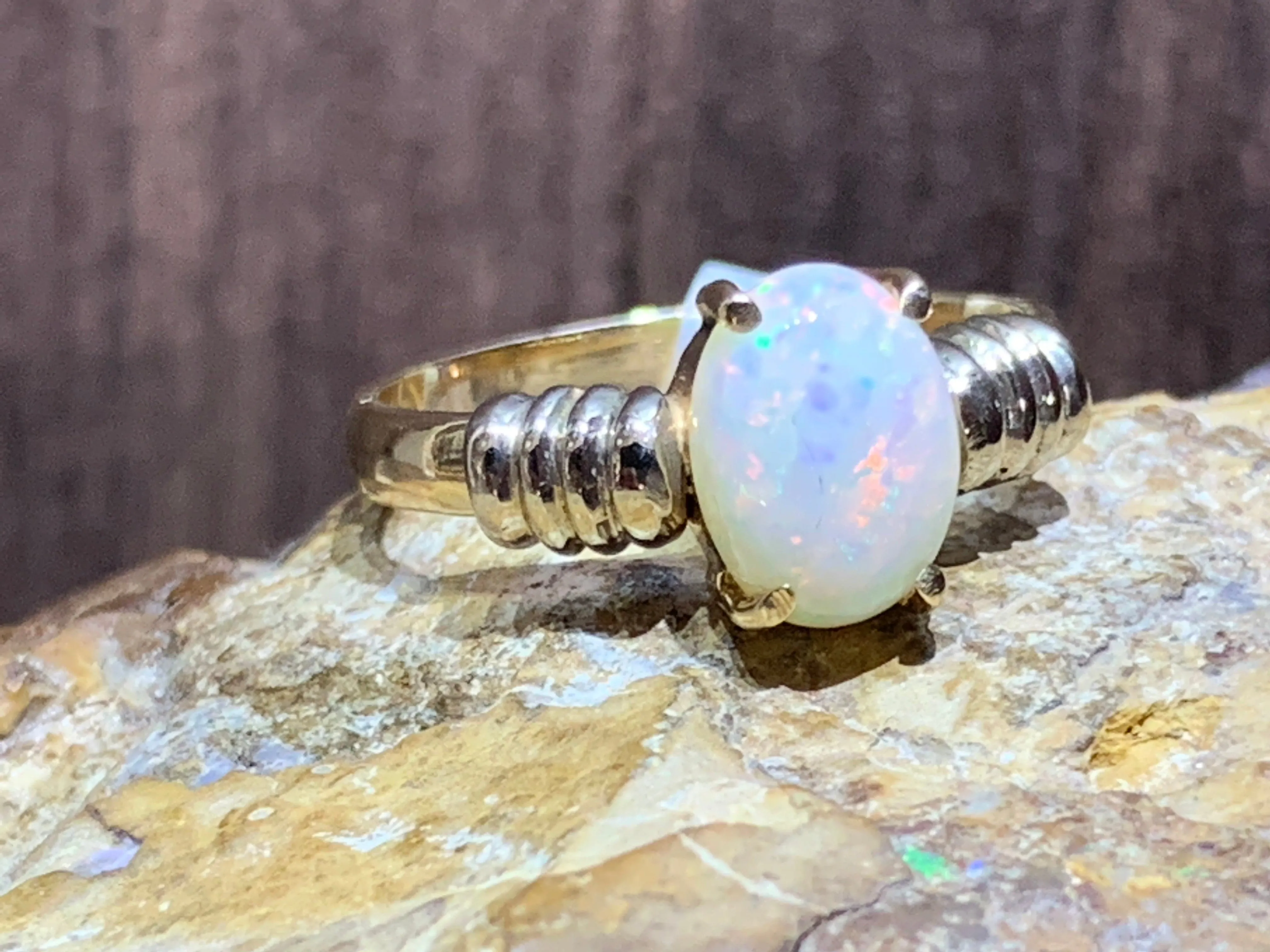 14kt Yellow Gold White Opal solitaire ring