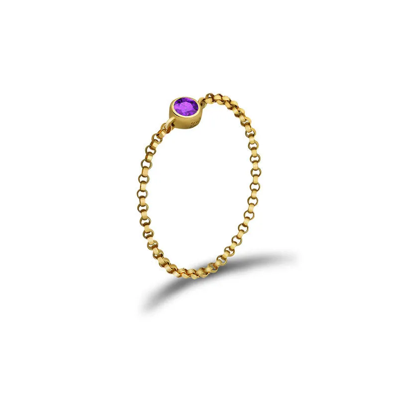 18k Gold February Birthstone Amethyst Chain Ring