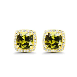 18k Yellow Gold Plated 1/4 Ct Created Halo Princess Cut Peridot Stud Earrings 4mm