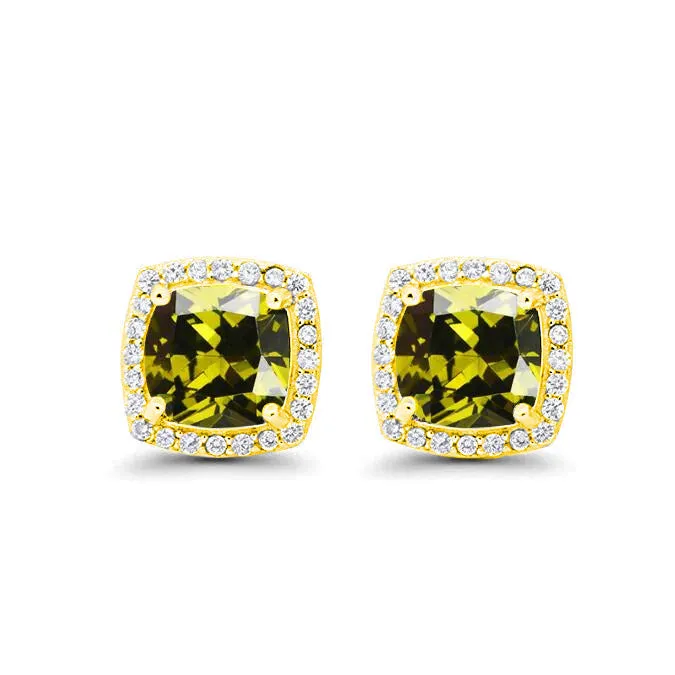 18k Yellow Gold Plated 1/4 Ct Created Halo Princess Cut Peridot Stud Earrings 4mm