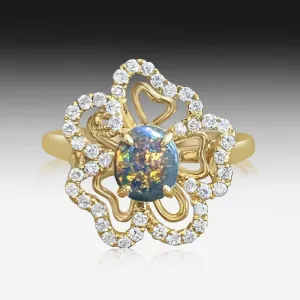 18kt Yellow Gold floral design Black Opal Diamond ring