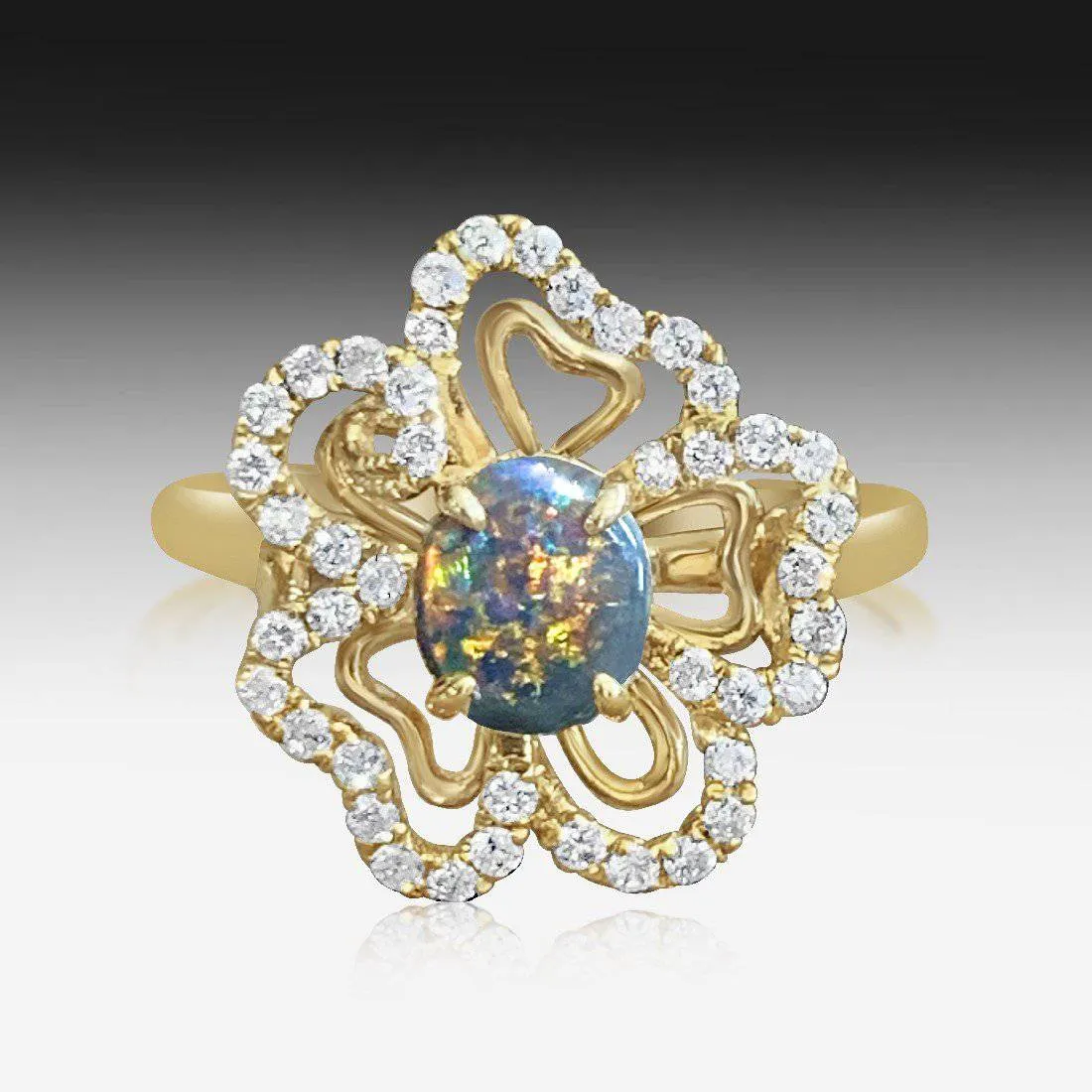 18kt Yellow Gold floral design Black Opal Diamond ring
