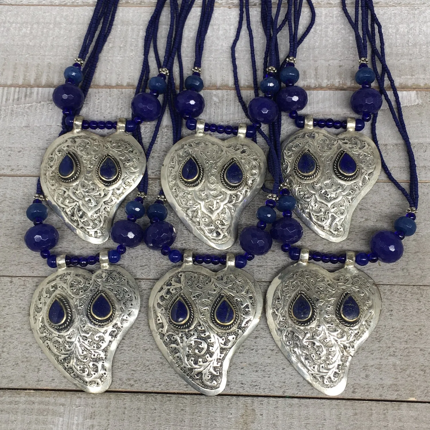 1pc,Turkmen Necklace Pendant Statement Tribal Lapis Lazuli Beaded,20-21",BN79