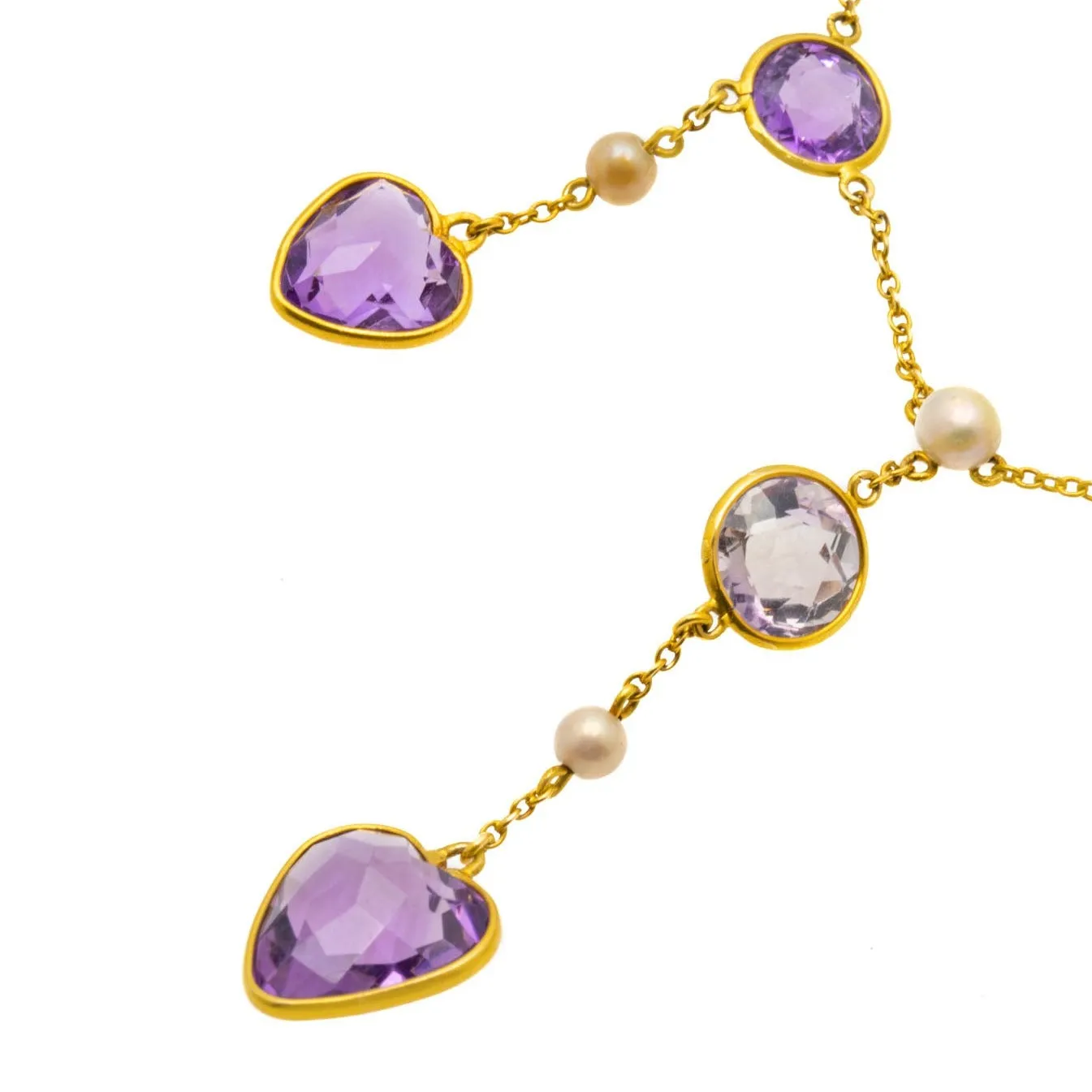 22" Edwardian 9ct Gold Amethyst Pearl Heart Fringe Necklace