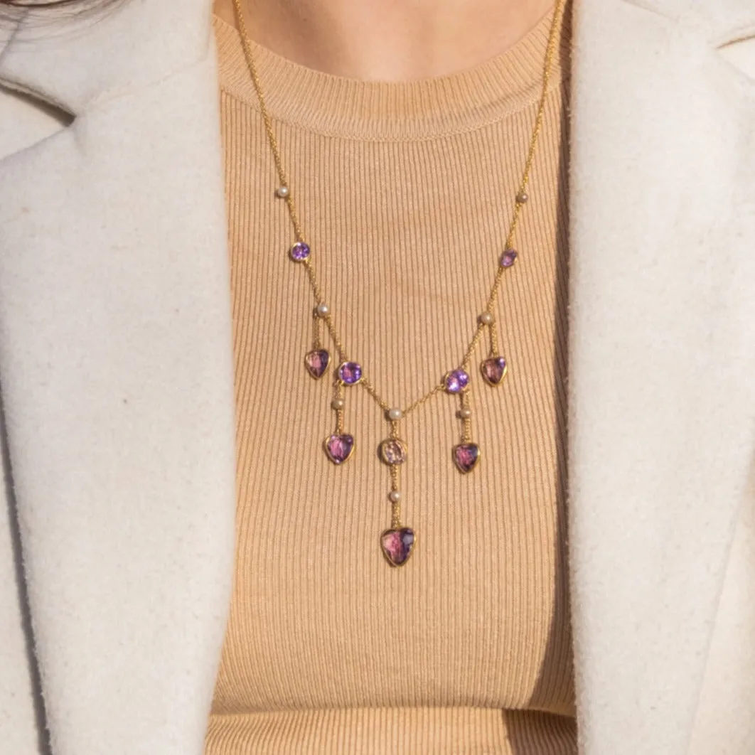 22" Edwardian 9ct Gold Amethyst Pearl Heart Fringe Necklace