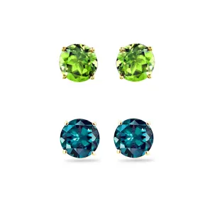 24k Yellow Gold Plated 3Ct Created Peridot and Alexandrite 2 Pair Round Stud Earrings
