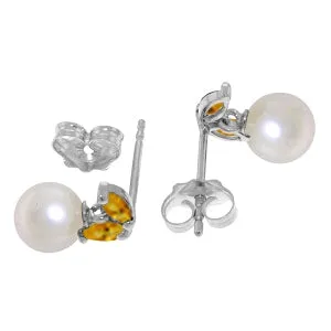 4.4 Carat 14K Solid White Gold Stud Earrings Pearl Citrine