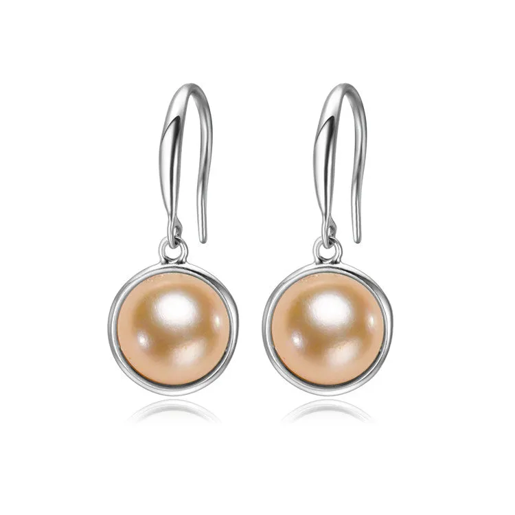 9-10mm AAA Button Freshwater Pearl Dangling Earrings  925 Sterling Silver