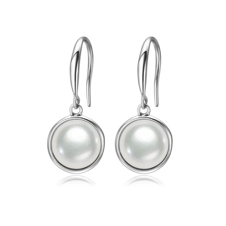 9-10mm AAA Button Freshwater Pearl Dangling Earrings  925 Sterling Silver