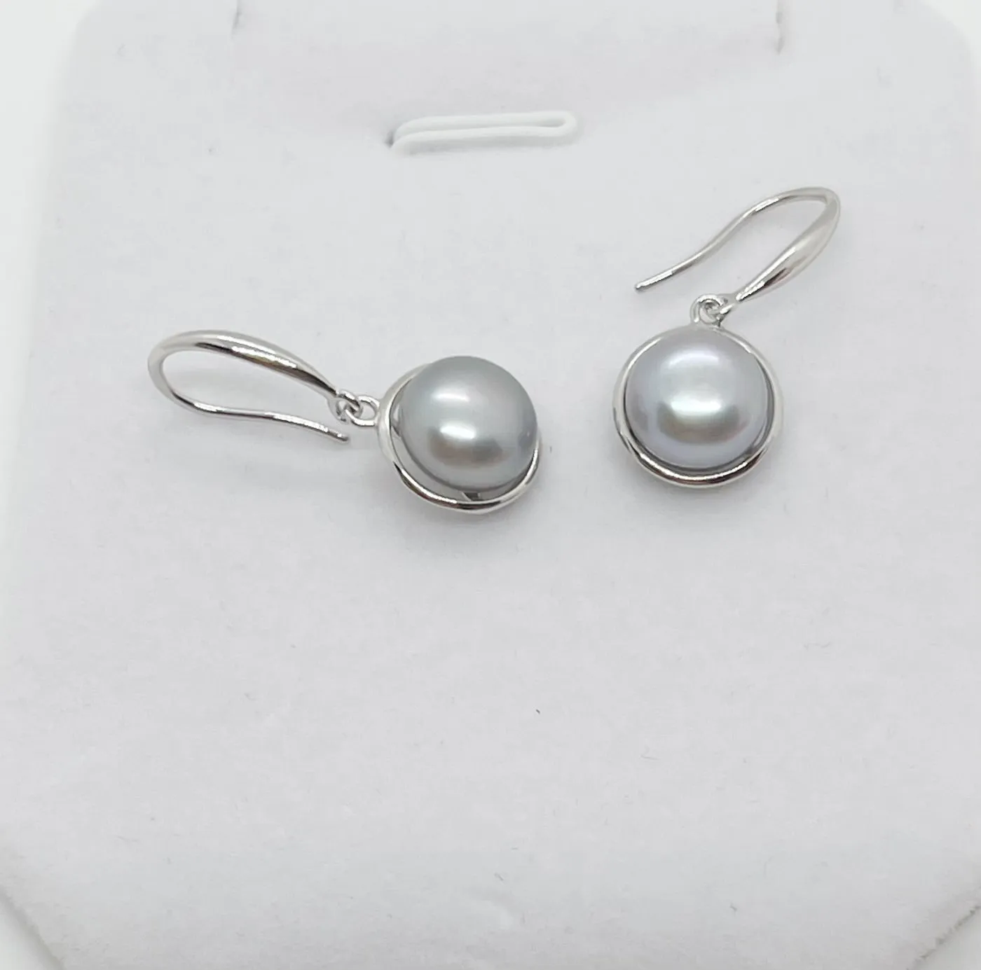 9-10mm AAA Button Freshwater Pearl Dangling Earrings  925 Sterling Silver