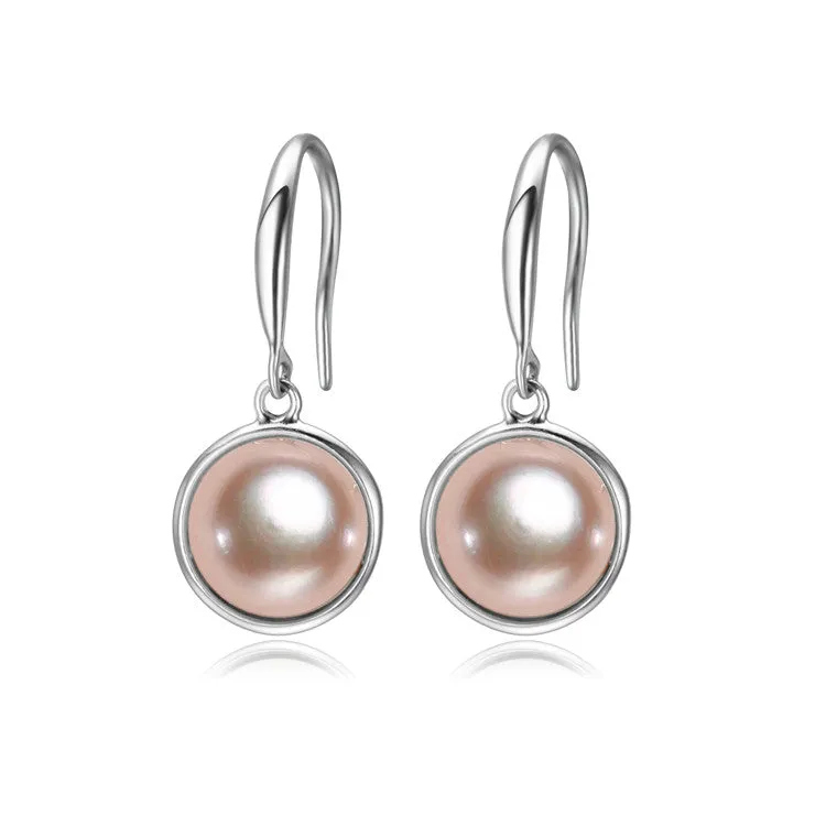9-10mm AAA Button Freshwater Pearl Dangling Earrings  925 Sterling Silver