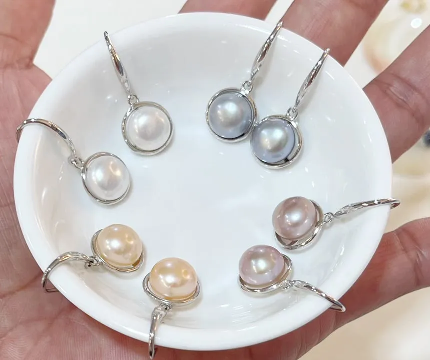 9-10mm AAA Button Freshwater Pearl Dangling Earrings  925 Sterling Silver