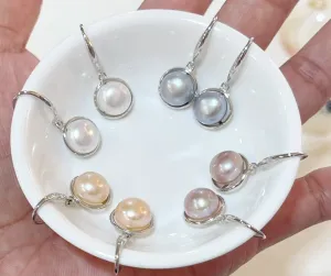 9-10mm AAA Button Freshwater Pearl Dangling Earrings  925 Sterling Silver