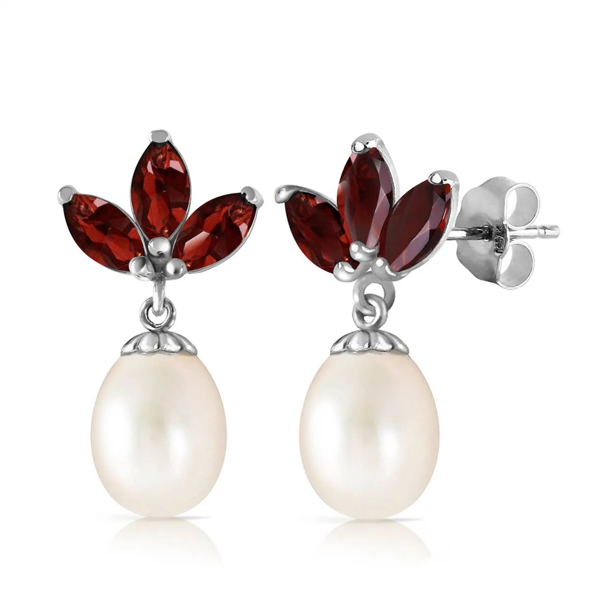 9.5 Carat 14K Solid White Gold Dangling Earrings Pearl Garnet