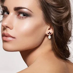 9.5 Carat 14K Solid White Gold Dangling Earrings Pearl Garnet