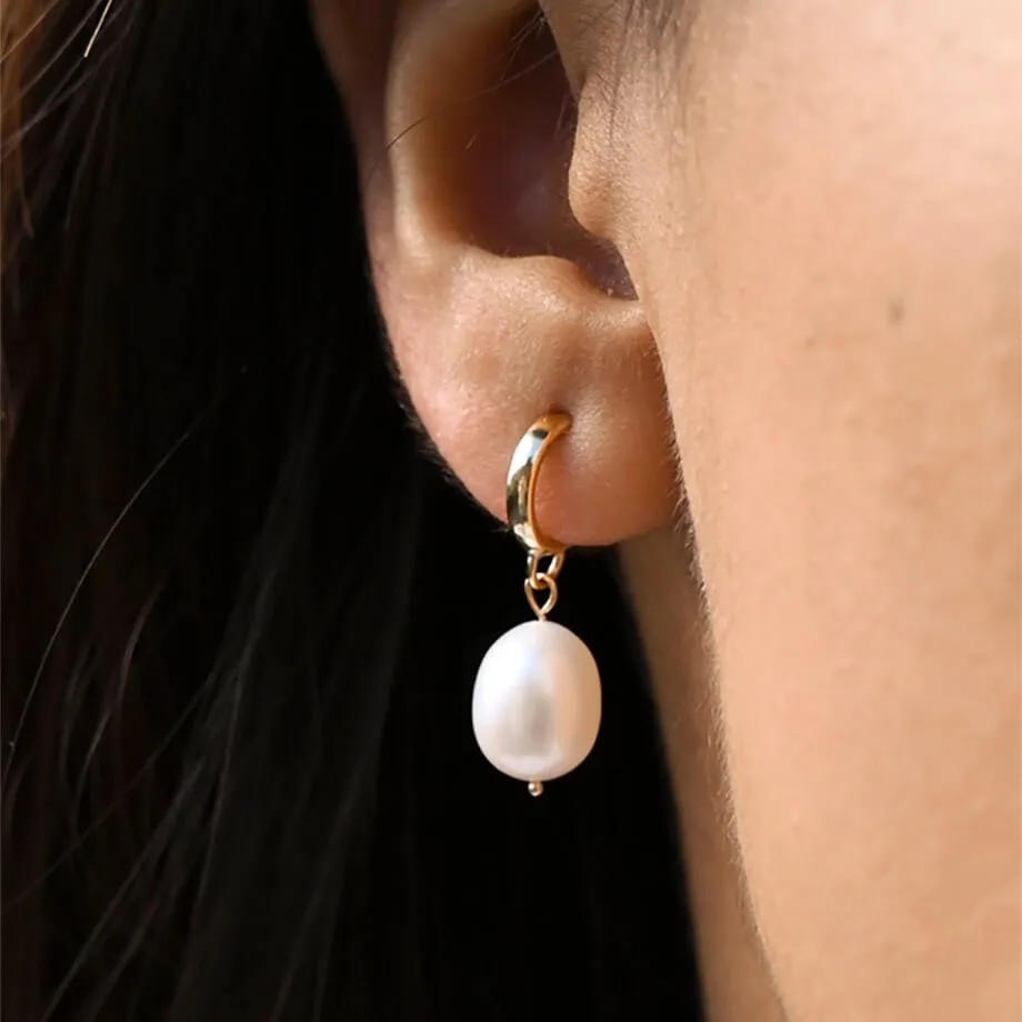 9ct Gold Pearl Drop Huggie Hoop Earrings