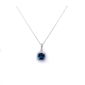 9ct White Gold Cushion Cut London Blue Topaz & Diamond Halo Pendant