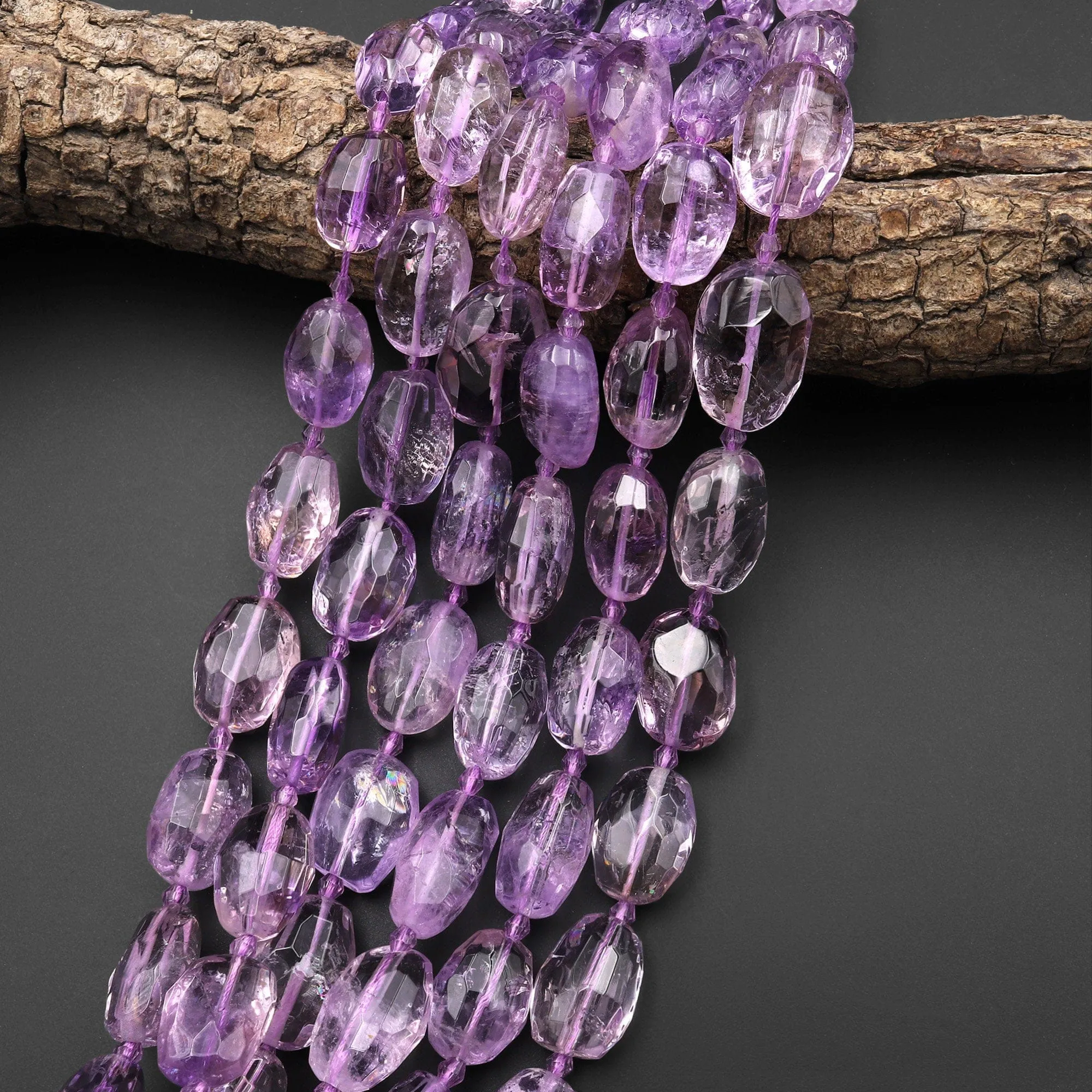 AAA Handcut Natural Amethyst Faceted Oval Nugget Beads 15.5" Strand