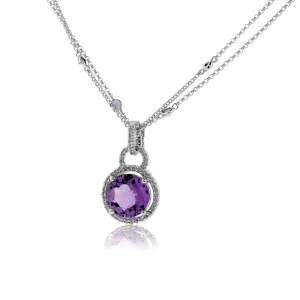 Amethyst Diamond Halo Style Pendant with Diamond Chain