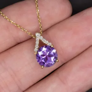 AMETHYST NATURAL DIAMOND PENDANT YELLOW GOLD NECKLACE PURPLE FEBRUARY BIRTHSTONE