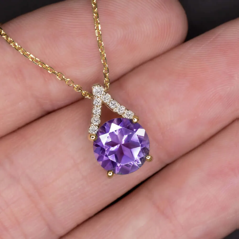 AMETHYST NATURAL DIAMOND PENDANT YELLOW GOLD NECKLACE PURPLE FEBRUARY BIRTHSTONE