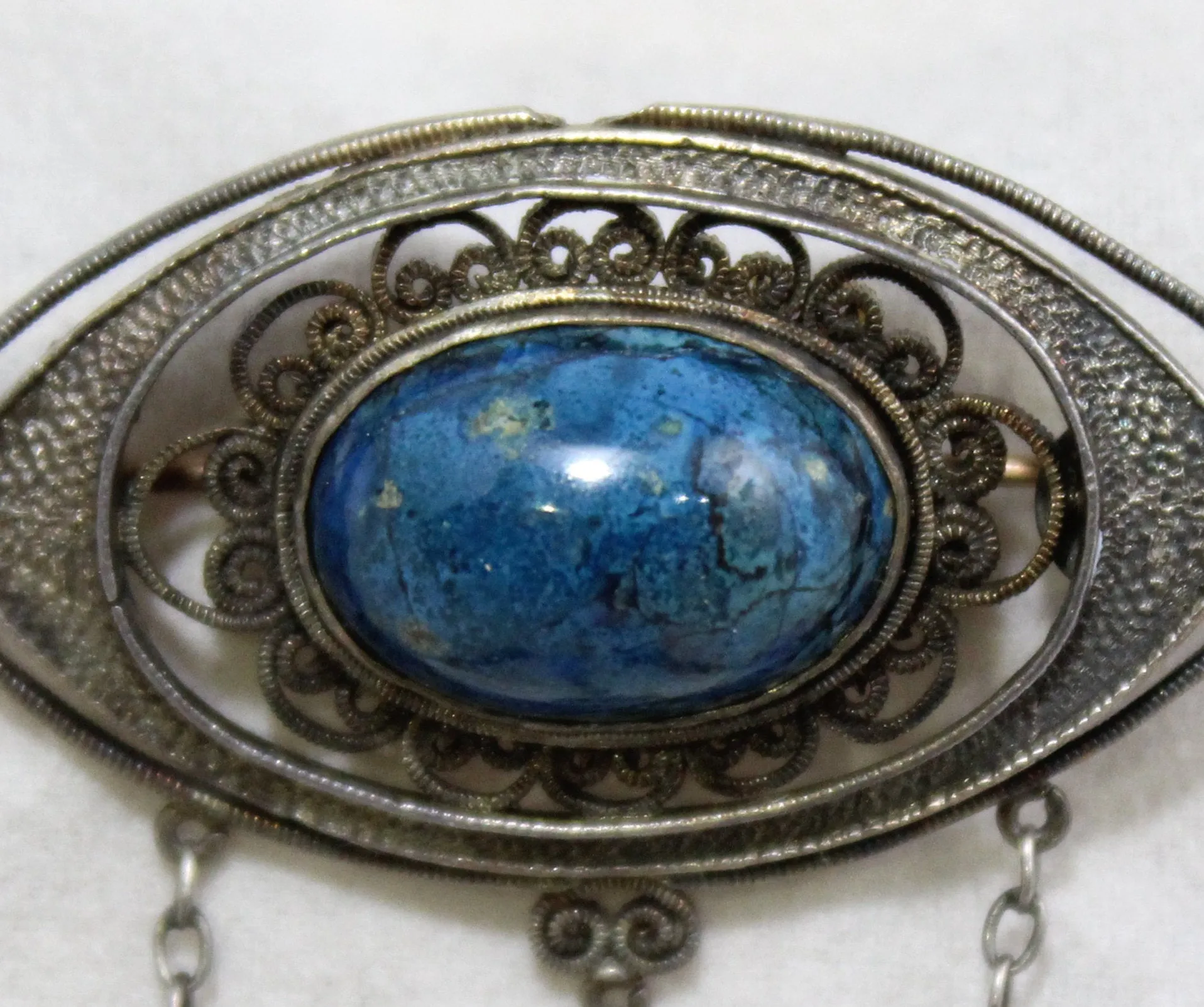 Antique Style Brooch with Lapis Lazuli Blue Glass Stones - Boho Victorian Inspired Pin - 1970s Antique Revival Jewelry - Dangling Teardrops