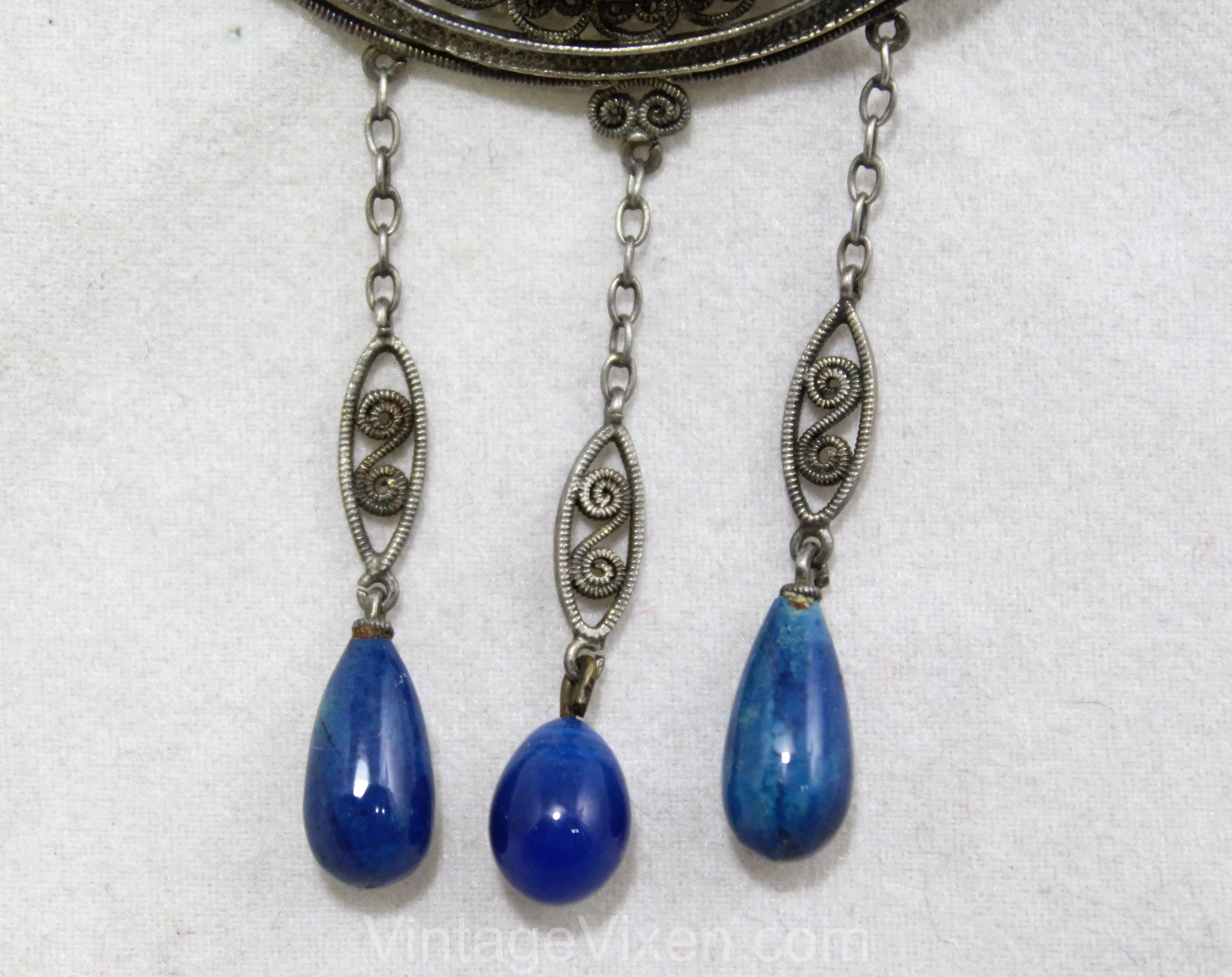 Antique Style Brooch with Lapis Lazuli Blue Glass Stones - Boho Victorian Inspired Pin - 1970s Antique Revival Jewelry - Dangling Teardrops