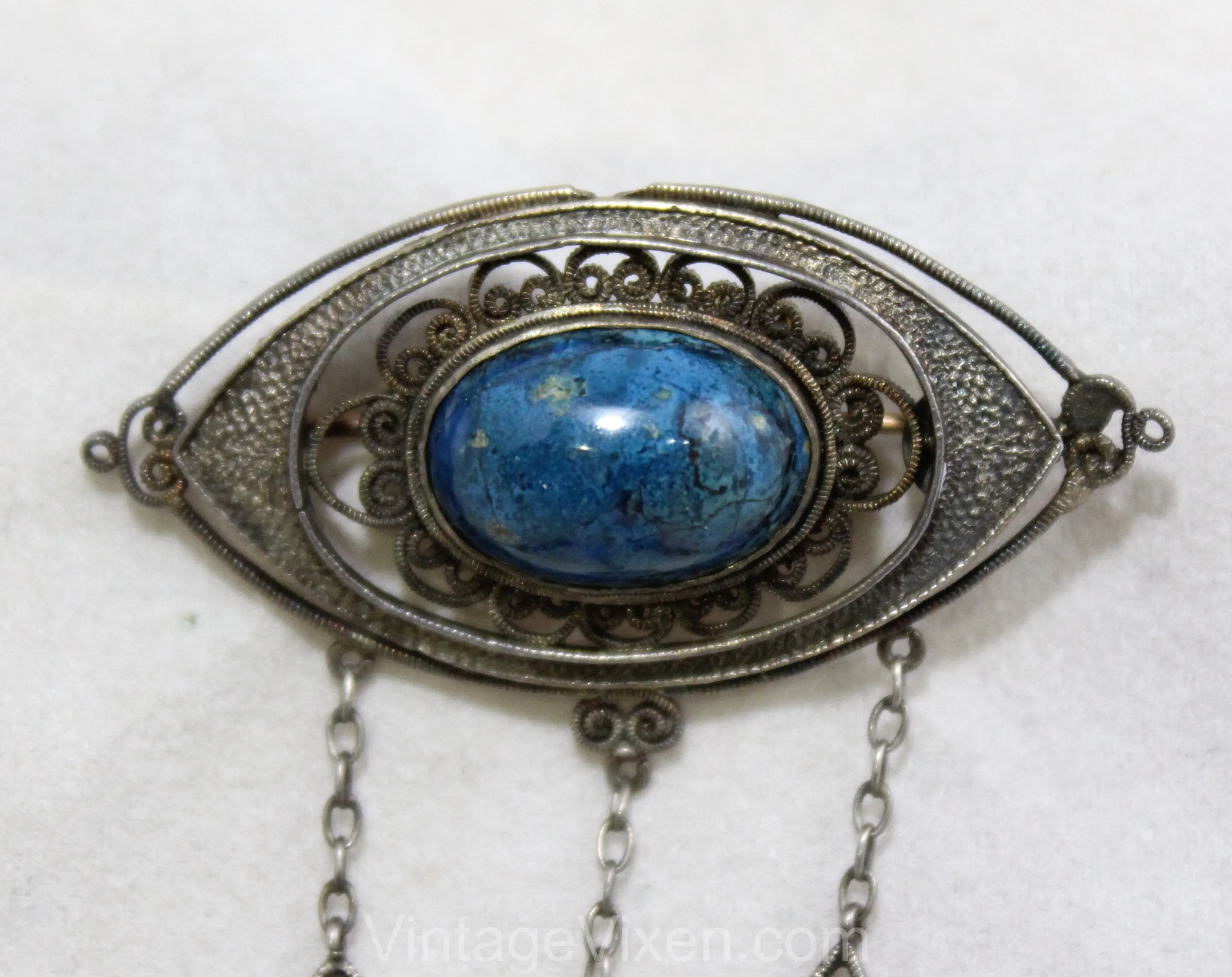 Antique Style Brooch with Lapis Lazuli Blue Glass Stones - Boho Victorian Inspired Pin - 1970s Antique Revival Jewelry - Dangling Teardrops