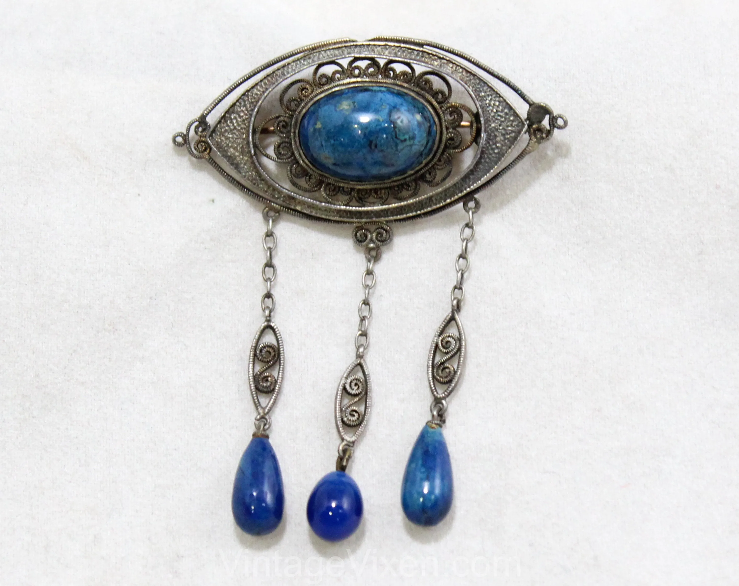 Antique Style Brooch with Lapis Lazuli Blue Glass Stones - Boho Victorian Inspired Pin - 1970s Antique Revival Jewelry - Dangling Teardrops