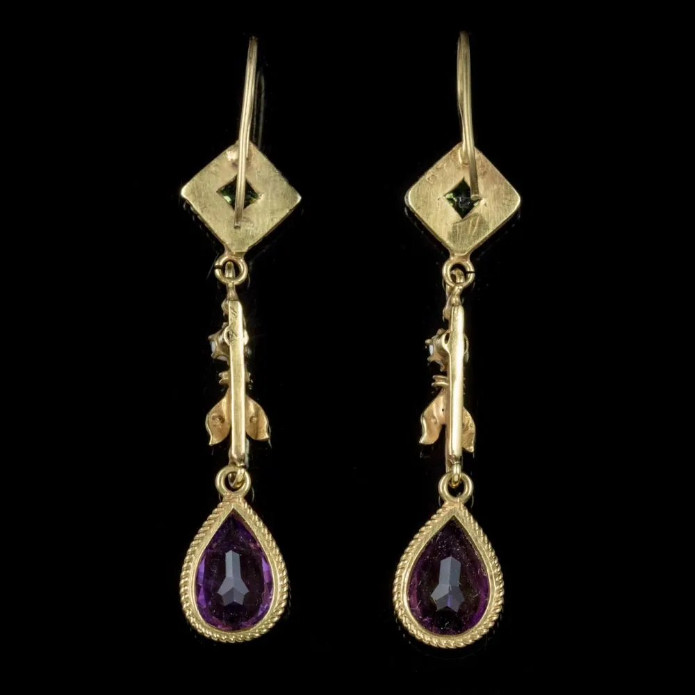 Antique Victorian Suffragette Drop Earrings 18Ct Gold Circa 1900