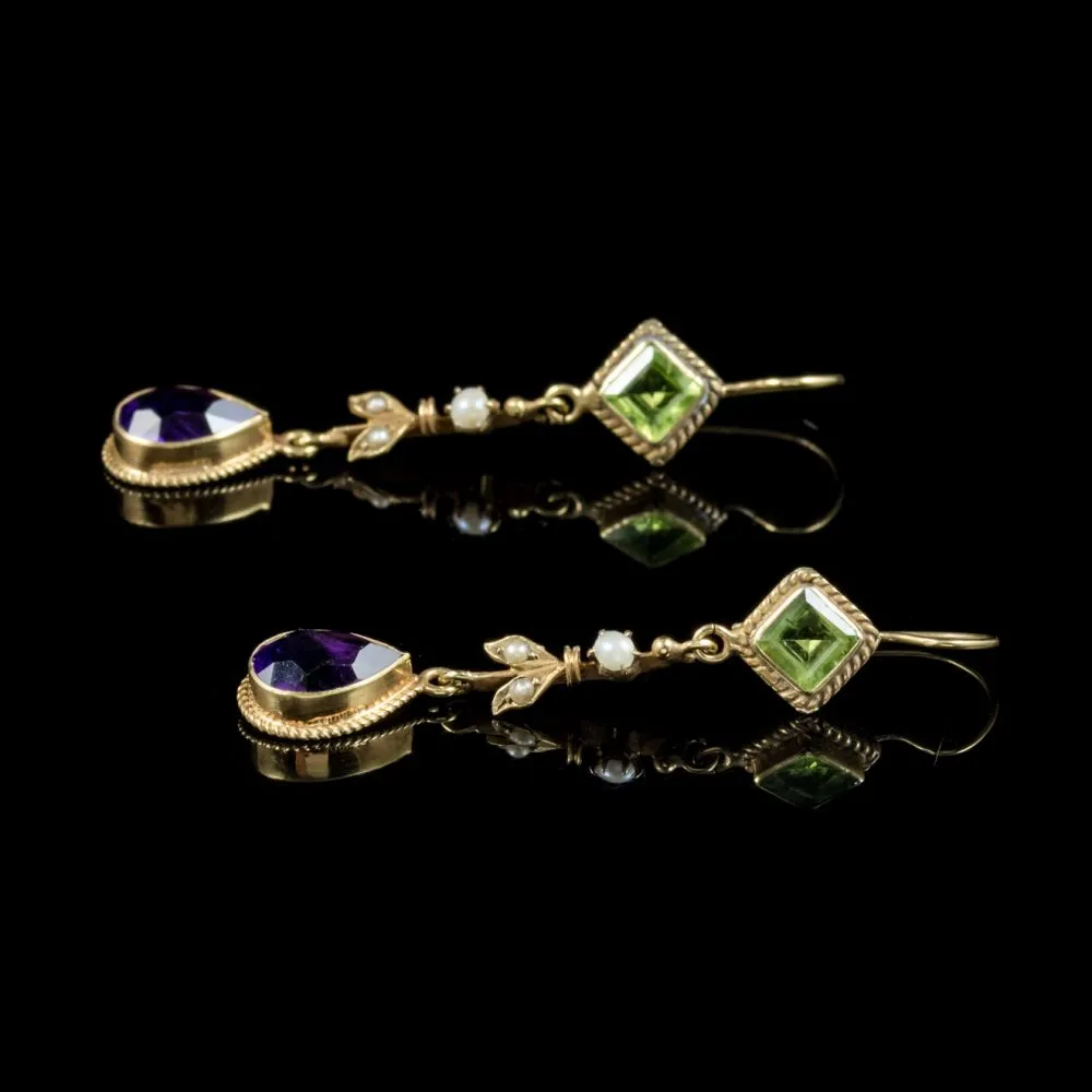 Antique Victorian Suffragette Drop Earrings 18Ct Gold Circa 1900