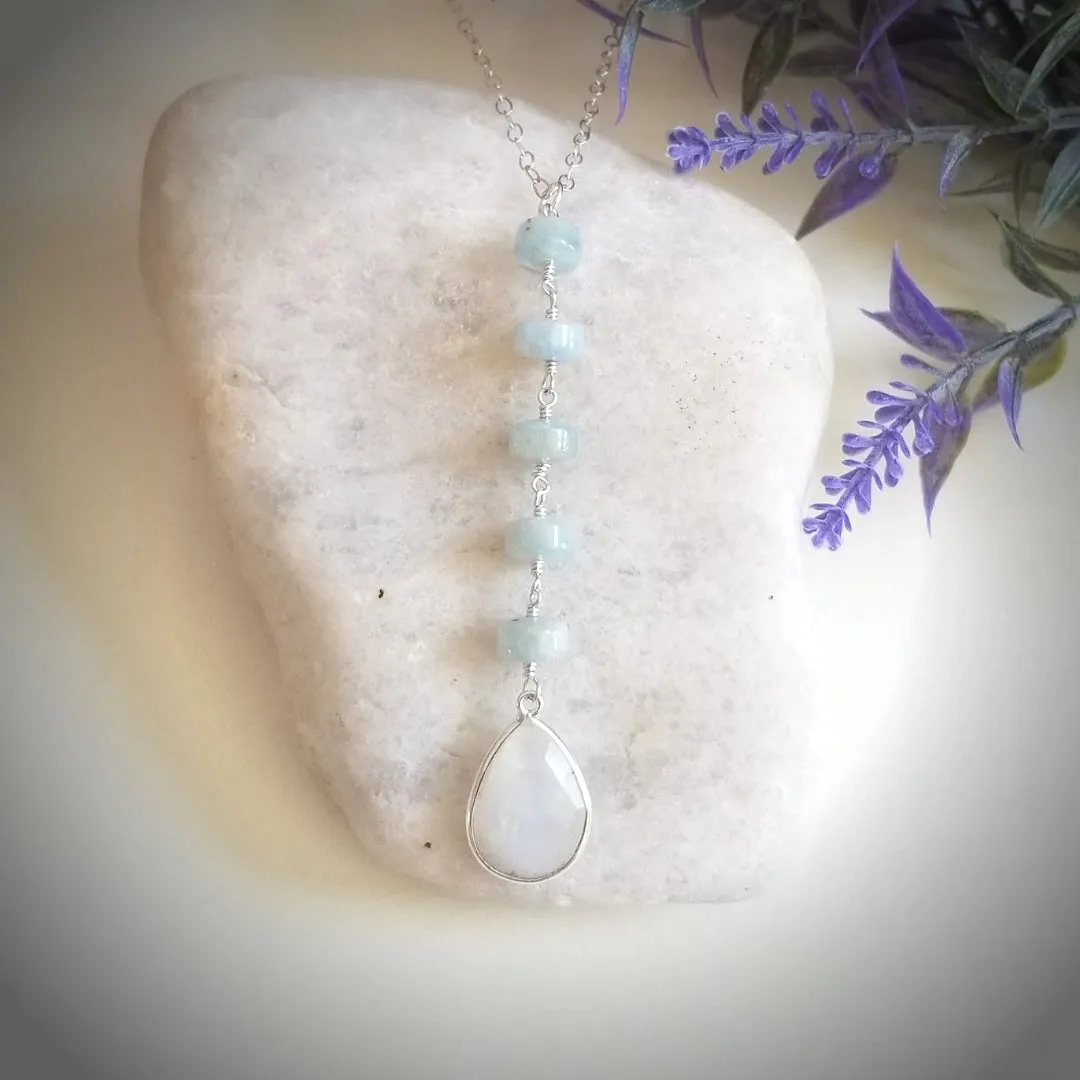 Aquamarine and Moonstone Long Pendant Necklace, Center Y Drop Necklace